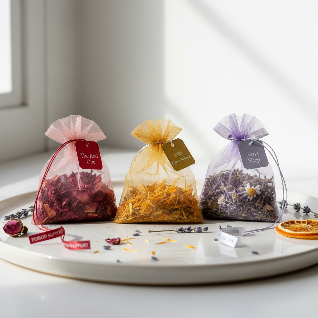 FREE Tea Samples - The Red One, Mik's Glow Within, and Xen's Sleep herbal tea sample bags